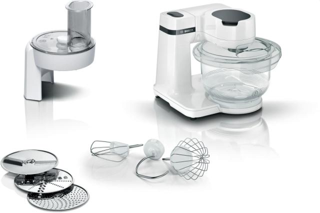 Кухненски робот Bosch MUMS2TW01, Kitchen machine, MUM Serie 2, 700 W, tritan bowl 3.8 l, 3D PlanetaryMixing, 4 speeds, Pastry set, 3 discs, White