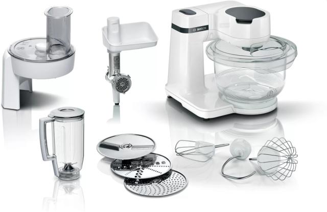 Кухненски робот Bosch MUMS2TW30, Kitchen machine, MUM Serie 2, 700 W, tritan bowl 3.8 l, 3D PlanetaryMixing, 4 speeds, Pastry set, 3 discs, Meat grinder, Transparent lid with filling hole, TR blender 1.25 l, White