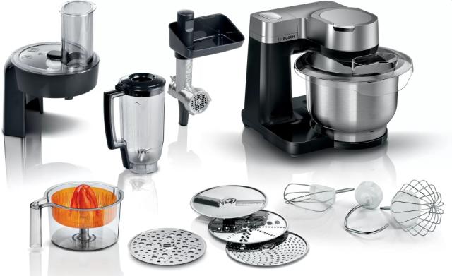 Кухненски робот Bosch MUMS2VM40, Kitchen machine, MUM Serie 2, 900 W, 3.8L stainless steel bowl, 3D PlanetaryMixing, 7 speeds, Pastry set, 3 discs, Meat grinder, TR blender 1.25 l, Citrus press, Transparent lid with filling hole, Black-Silver