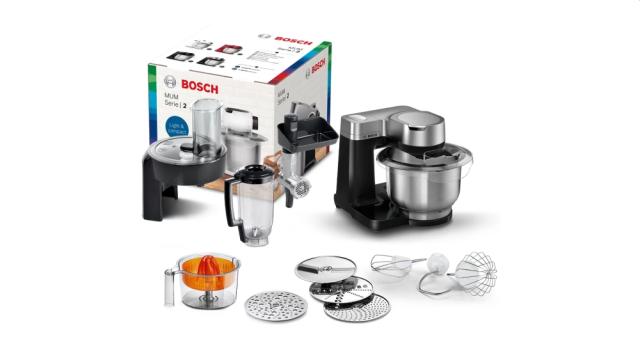 Кухненски робот Bosch MUMS2VM40, Kitchen machine, MUM Serie 2, 900 W, 3.8L stainless steel bowl, 3D PlanetaryMixing, 7 speeds, Pastry set, 3 discs, Meat grinder, TR blender 1.25 l, Citrus press, Transparent lid with filling hole, Black-Silver