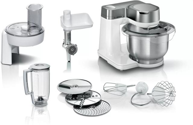 Кухненски робот Bosch MUMS2VS30, Kitchen machine, MUM Serie 2, 900 W, 3.8L stainless steel bowl, 3D PlanetaryMixing, 7 speeds, Pastry set, 3 discs, Meat grinder, TR blender 1.25 l, Transparent lid with filling hole, White-Silver