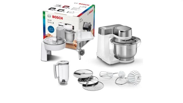 Кухненски робот Bosch MUMS2VS30, Kitchen machine, MUM Serie 2, 900 W, 3.8L stainless steel bowl, 3D PlanetaryMixing, 7 speeds, Pastry set, 3 discs, Meat grinder, TR blender 1.25 l, Transparent lid with filling hole, White-Silver