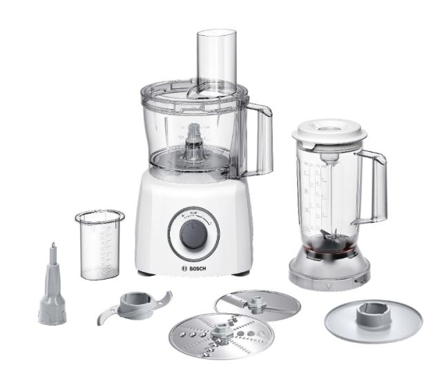 Кухненски робот Bosch MCM3200W, Kitchen machine, MultiTalent 3, 800 W, BPA-free, plastic bowl 2.3 l , Double-sided stainless steel disc for cutting and planing, suitable for crushing ice, Dough attachment, white