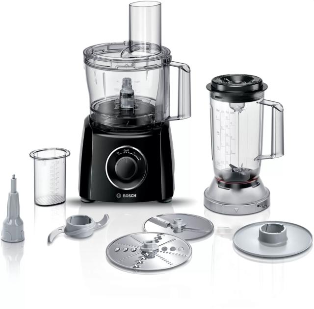 Кухненски робот Bosch MCM3201B, Kitchen machine, MultiTalent 3, 800 W, BPA-free, plastic bowl 2.3 l , Double-sided stainless steel disc for cutting and planing, suitable for crushing ice, Dough attachment, black