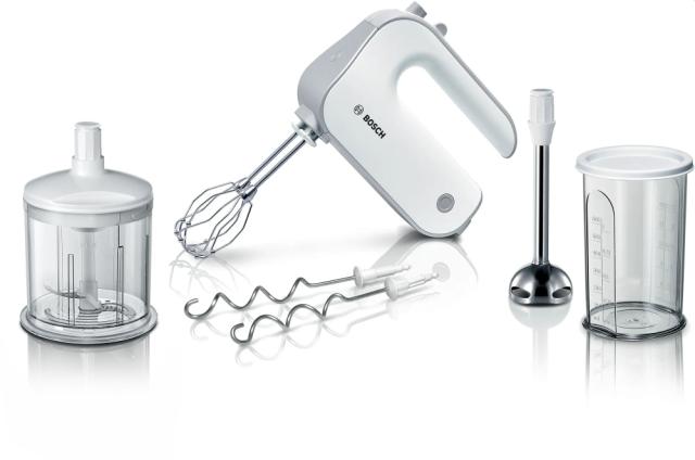 Миксер Bosch MFQ4080, Hand mixer, Styline, 500 W, 5 speeds plus turbo function, Blender and chopper included, FineCreamer, White-silver