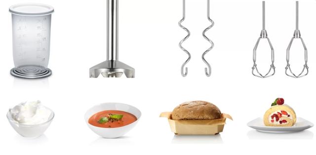 Миксер Bosch MFQ4080, Hand mixer, Styline, 500 W, 5 speeds plus turbo function, Blender and chopper included, FineCreamer, White-silver
