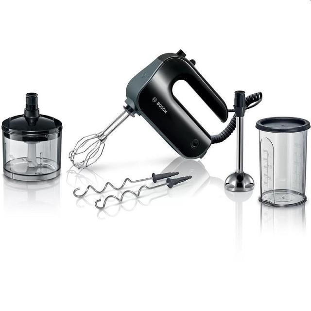 Миксер Bosch MFQ4980B, Hand mixer, 850 W, 5 speeds plus turbo function, Stainless steel dough hooks, FineCreamer, mini chopper included, Black