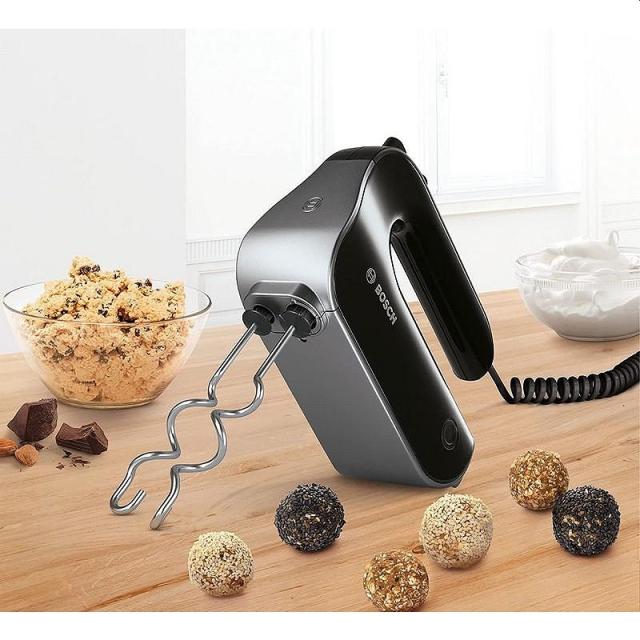 Миксер Bosch MFQ4980B, Hand mixer, 850 W, 5 speeds plus turbo function, Stainless steel dough hooks, FineCreamer, mini chopper included, Black