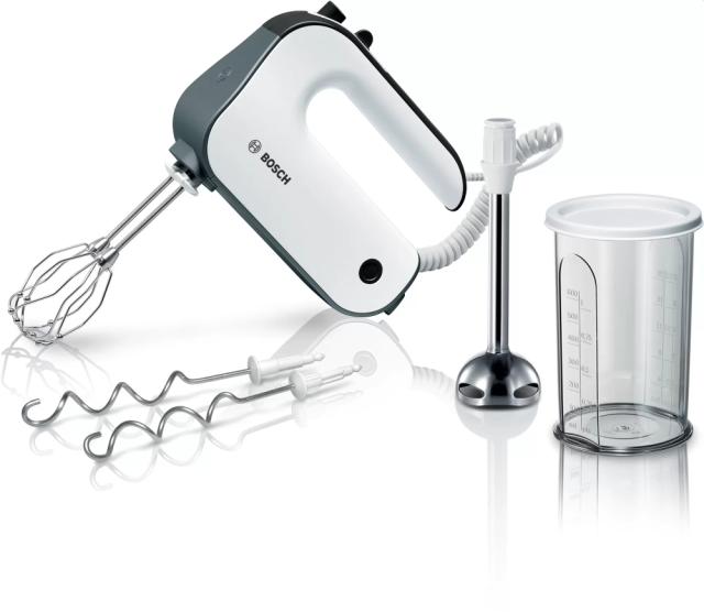 Миксер Bosch MFQ49700, Hand mixer, 850 W, 5 speeds plus turbo function, Stainless steel dough hooks, FineCreamer, blender, white/dark silver