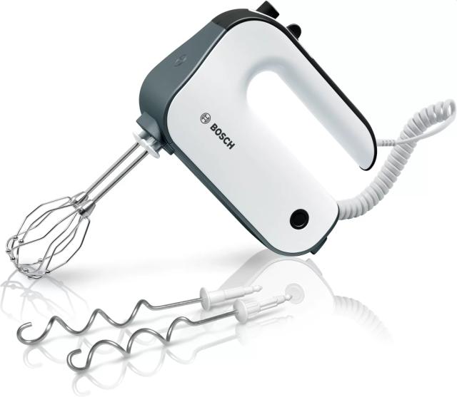 Миксер Bosch MFQ49300, Hand mixer, 850 W, 5 speeds plus turbo function, Stainless steel dough hooks, FineCreamer, Stretch cable, white/dark silver