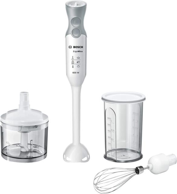 Пасатор Bosch MSM66050, Hand blender, 600 W, 12 speed settings, turbo button, QuattroBlade, Plastic mix foot, mini chopper, whisk attachment, white