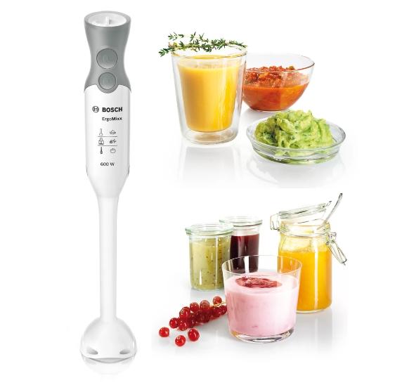 Пасатор Bosch MSM66050, Hand blender, 600 W, 12 speed settings, turbo button, QuattroBlade, Plastic mix foot, mini chopper, whisk attachment, white