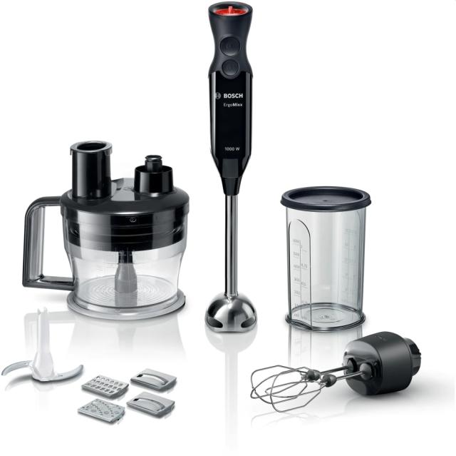 Пасатор Bosch MS6CB6197, Blender, ErgoMixx, 1000 W, 12 speed settings plus turbo function, food processor with various cutting edges for chopping, slicing and shredding, Stainless steel double whisk head, Transparent mixing/measuring cup, Black-anthr