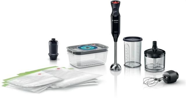 Пасатор Bosch MS6CB61V7, Blender, ErgoMixx, 1000 W, 12 speed settings plus turbo function, Vacuum pump, vacuum container (1.0 l), 3 vacuum bags of each type (1.2 l and 3.8 l), mini chopper, Manual blender set,  Transparent mixing/measuring cup, Black