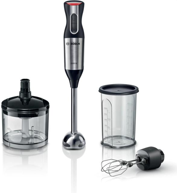 Пасатор Bosch MS6CM6157, Blender, ErgoMixx, 1000 W, 12 speed settings plus turbo function, mixing jug with scale and lid, mini chopper, Transparent mixing/measuring cup, Black-Stainless steel
