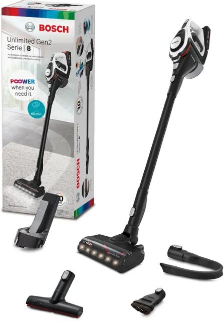 Прахосмукачка Bosch BBS8214, Cordless Handstick Vacuum Cleaner, Unlimited Gen2, Series 8, TurboSpin motor, 78 dB(A), 4.0 Ah battery, 18.0V, AllFloor HighPower brush with LED, White