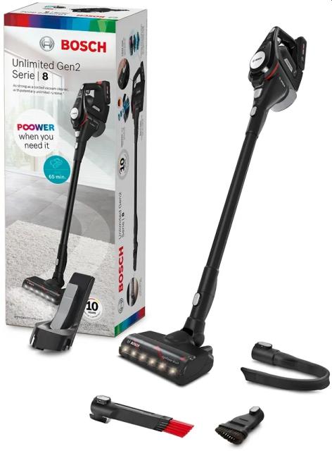 Прахосмукачка Bosch BCS8214BL, Cordless Handstick Vacuum Cleaner, Unlimited Gen2, Series 8, TurboSpin motor, 78 dB(A), 4.0 Ah battery, 18.0V, AllFloor HighPower brush with LED, Black