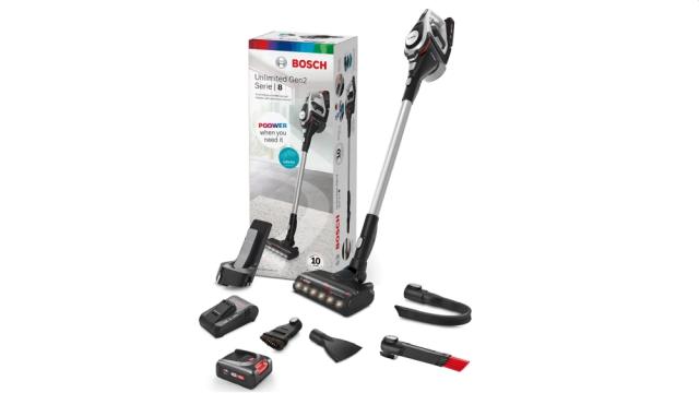 Прахосмукачка Bosch BCS8224WA, Cordless Handstick Vacuum Cleaner, Unlimited Gen2, Series 8, TurboSpin motor, 78 dB(A), 4.0 Ah battery, 18.0V, AllFloor HighPower brush with LED, Silver