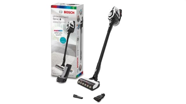 Прахосмукачка Bosch BBS8213W, Cordless Handstick Vacuum Cleaner, Unlimited Gen2, Series 8, TurboSpin motor, 77 dB(A), 3.0 Ah battery, 18.0V, AllFloor HighPower brush with LED, White