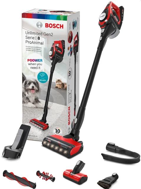 Прахосмукачка Bosch BBS8214PET, Cordless Handstick Vacuum Cleaner, Unlimited Gen2 ProAnimal, Series 8, TurboSpin motor, 78 dB(A), 4.0 Ah battery, 18.0V, ProAnimal brush with LED & mini power brush, Red