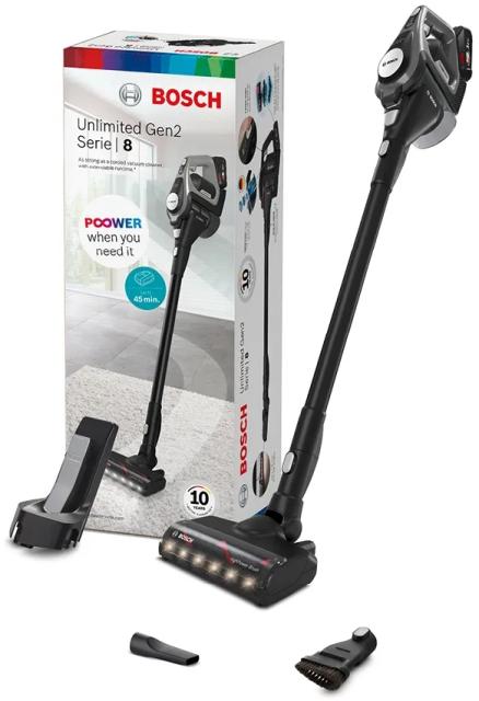 Прахосмукачка Bosch BCS82G31, Cordless Handstick Vacuum Cleaner, Unlimited Gen2, Series 8, TurboSpin motor, 77 dB(A), 3.0 Ah battery, 18.0V, AllFloor HighPower brush with LED, Gray