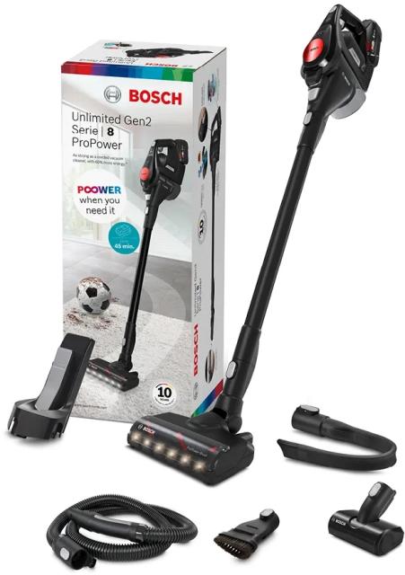 Прахосмукачка Bosch BCS82POW15, Cordless Handstick Vacuum Cleaner, Unlimited Gen2, ProPower, Series 8, TurboSpin motor, 79 dB(A), 5.0 Ah battery, 18.0V, AllFloor ProPower brush with LED, Black