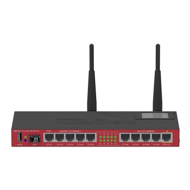 Рутер MikroTik RB2011UiAS-2Hnd, Wi-Fi 4 (802.11n), 300Mbps, 2.4GHz (300Mbps), 5 x 10/100 Ethernet ports, 5 x 10/100/1000 Ethernet ports, PoE, 1x SFP, USB 2.0 , 2 x външни антени, Черен, Бордо