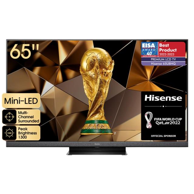 Телевизор Hisense 65" U8HQ, 4K Ultra HD 3840x2160, ULED, FALD, Quantum Dot, 120Hz, IPS, HDR 10+, HLG, Dolby Vision IQ, Dolby Atmos, Smart TV, WiFi 5GHz, WiFi Direct, BT, Anyview Cast, 4xHDMI, 2xUSB, LAN, CI+, DVB-T2/C/S2, Black