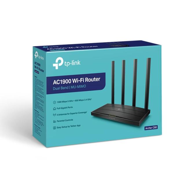Рутер TP-Link Archer C80 AC1900, 2.4GHz (600 Mbps) / 5GHz (1300 Mbps), Wireless AC, LAN 4 x 1000Mbps, WAN 1 x 1000
