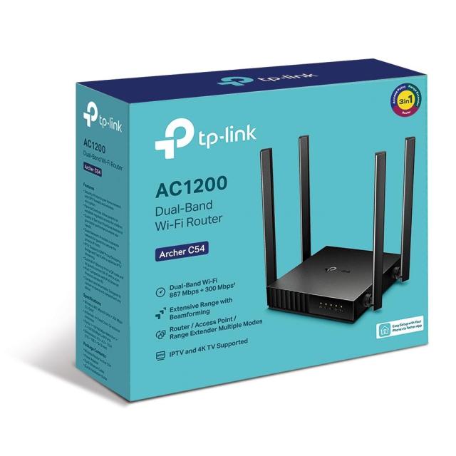 Рутер TP-Link Archer C54 AC1200, 1200Mbps, 2.4GHz (300 Mbps) / 5GHz (867 Mbps), Wireless AC, LAN 4 x 10/100, WAN 1 x 10/100