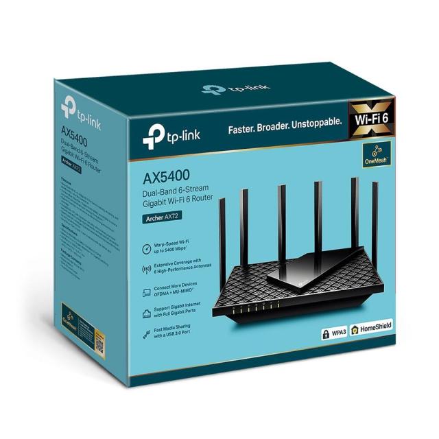 Рутер TP-Link Archer AX72,  MU-MIMO AX5400, Dual-Band WiFi 6, 2.4/5 GHz, 574/4804 Mbps, 4 x LAN 1000, 1 x WAN 1000, 1 x USB 3.0, 6 x външни антени