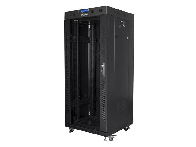 Комуникационен шкаф Lanberg rack cabinet 19" free-standing 27U / 600x600 self-assembly flat pack with glass door LCD, black