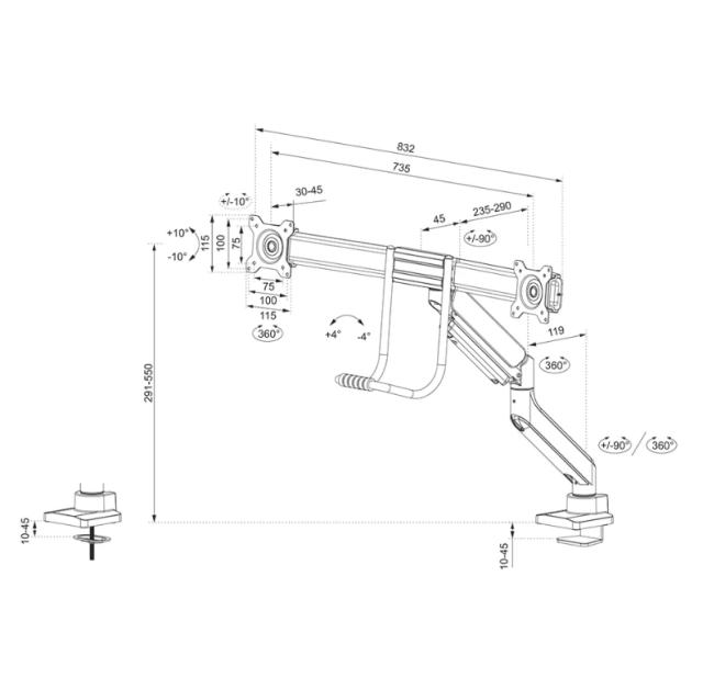 Стойка Neomounts by NewStar Screen Desk Mount 2 screens (topfix clamp & grommet), Black