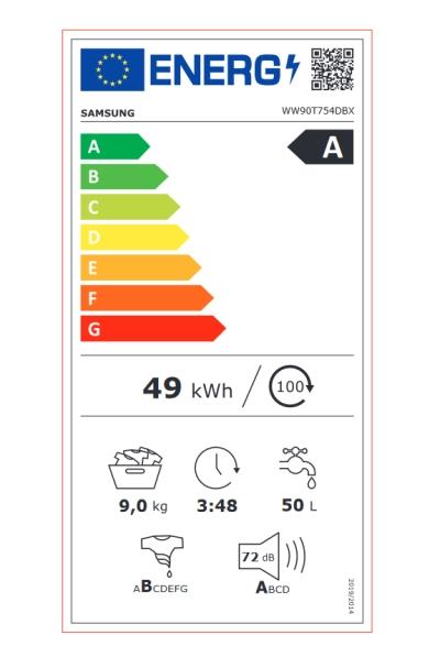 Пералня Samsung WW90T754DBX/S7,  Washing Machine, 9kg, 1400 rpm,  Energy Efficiency A, Add Wash, Eco Bubble, QuickDrive, Super Speed,Hygiene Steam, VRT Plus, Drum Clean, AI Control, Spin Efficiency B, Inox