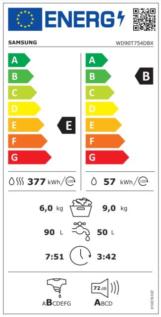 Пералня със сушилня Samsung WD90T754DBX/S7, Washing Machine/Dryer, 9/6 kg, 1400rpm, Energy Efficiency B/E, Spin Efficiency B, Add Wash, Eco Bubble, Bubble Soak, QuickDrive, Air Wash, Hygiene Steam, AI Control, Platinum Silver,Black door