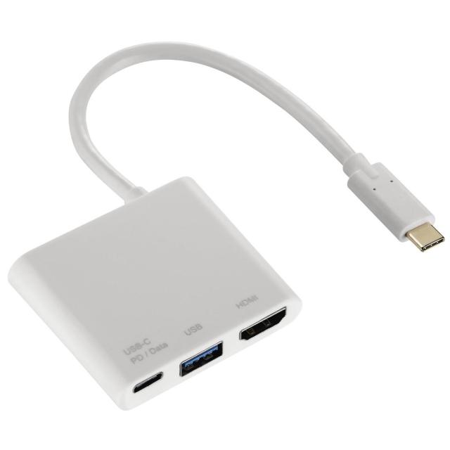 Мултипортов адаптер HAMA 3 в 1 USB-C  за USB 3.1, HDMI и USB-C, Бял
