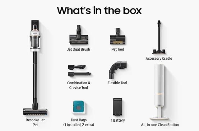 Прахосмукачка Samsung VS20A95823W/GE, Wireless vacuum cleaner with All-in-one Clean Station, Bespoke Jet One Pet, Suction power 210W, Dual Brush, Pet Brush, Black chrome/Cloudy white