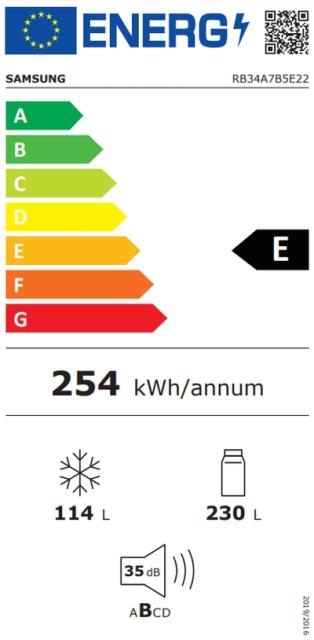 Хладилник Samsung RB34A7B5E22/EF, BMF with SpaceMax technology, Fridge Freezer, Total 344 l, refrigerator 230 l, freezer 114 l, Energy Efficiency E, All-Around Cooling, No frost, 35 dB, 185.3/59.5/65.8, Pure black