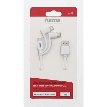 Кабел HAMA 3 в 1, USB-A мъжко - Micro USB мъжко, Адаптери Lightning и USB-C, 1.0 м., Бял