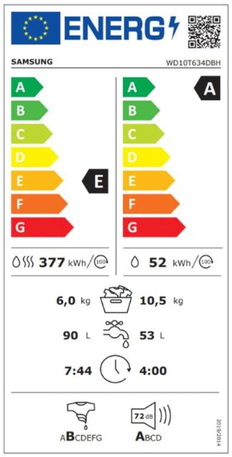 Пералня със сушилня Samsung WD10T634DBH/S7, Washing Machine/Dryer, 10.5/6 kg, 1400rpm, Energy Efficiency A/E, Spin Efficiency B, Eco Bubble, Bubble Soak, Air Wash, Hygiene Steam, AI Control, SmartThings App, White/black door