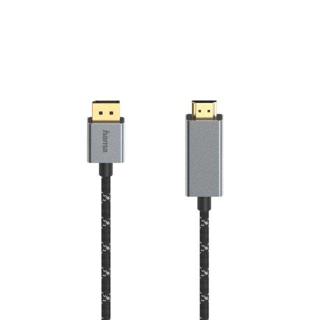 Кабел HAMA, DisplayPort мъжко - HDMI мъжко, Ultra-HD, 4K@60 Hz, 1.5м, Алуминий, Позлатени конектори, Черен