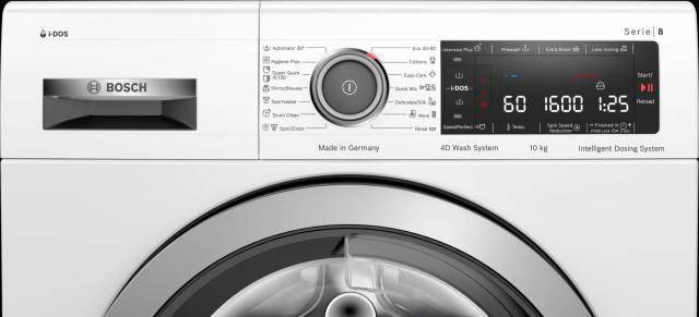 Пералня Bosch WAX32K03BY, SER 8, Washing machine 10kg, 1600 rpm, Energy Efficiency B, Spin Efficiency A, iDOS, 4D washing system, 48 l/72 dB, AquaStop, EcoSilence Drive, Interior light, White