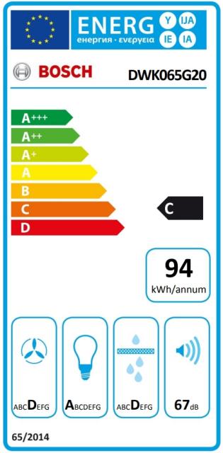 Аспиратор Bosch DWK065G20 SER2; Economy; Inclined hood 60cm C, white glass, max 593 m3/h, 67 dB