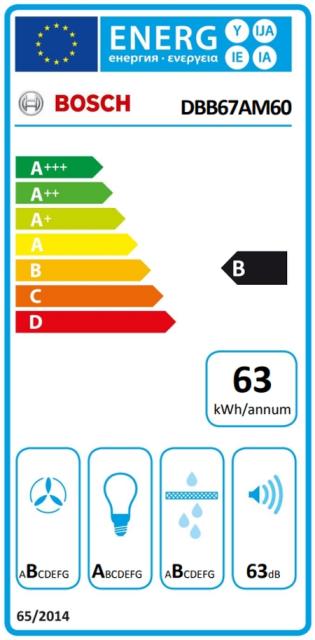 Аспиратор Bosch DBB67AM60, SER6, Integrated box hood, 60 cm,  B, black, LED, max 460 m3/h, 63 dB, clear glass, black print