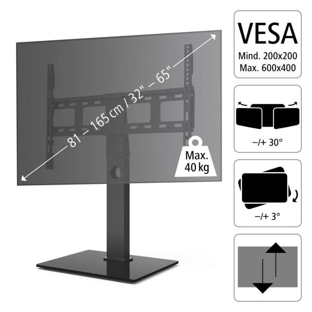 Стойка за TV HAMA, Регулируема, 165 cm (65"), 40 кг, Черен