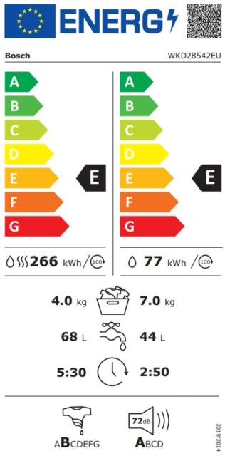 Пералня със сушилня Bosch WKD28542EU SER6 Built-in Washer-dryer 7/4kg., E, 1400 rpm, display, 57/74/60dB, Fluff-removal cycle, drum 52l, Aquastop