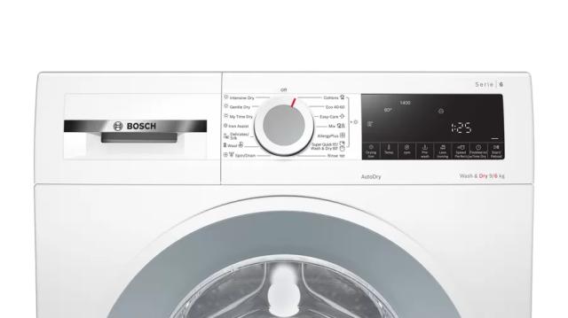 Пералня със сушилня Bosch WNA14400BY SER6 Washing machine with dryer 9/6 kg, Energy efficiency E (only washing C), spin efficiency B, 1400 rpm, Noise level 69 dB, Wash & Dry 60 min, Drum volume 70 l, White