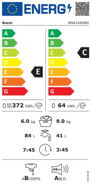 Пералня със сушилня Bosch WNA14400BY SER6 Washing machine with dryer 9/6 kg, Energy efficiency E (only washing C), spin efficiency B, 1400 rpm, Noise level 69 dB, Wash & Dry 60 min, Drum volume 70 l, White