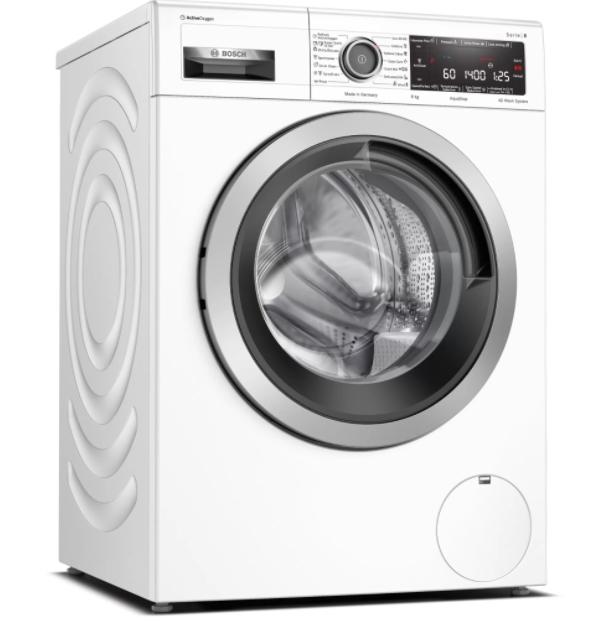 Пералня Bosch WAV28L91BY SER8 Washing machine 9kg, 1400 rpm, Energy Efficiency B, Spin Efficiency B, AntiStain function, 4D washing system, Refresh ActiveOxygen function, EcoSilence Drive, SpeedPerfect, 71 dB, XXL drum volume 65 l, white with silver-