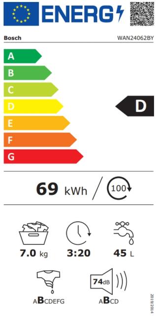Пералня Bosch WAN24062BY SER4 Washing machine 7kg, 1200 rpm, 52/74dB, white-black-grey door, 4 options